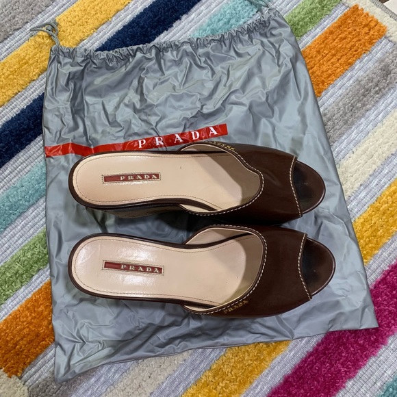 PRADA Brown Leather Logo Cork Platform Open-Toe Wedge Sandals - Picture 3 of 16